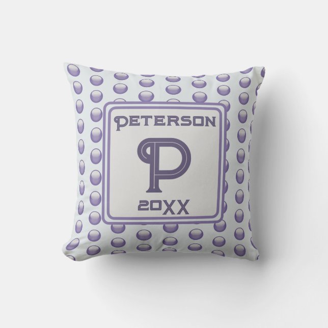 Monogramm Nachname Blue Grey Polka Dot Initial Kissen (Vorderseite)
