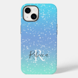Monogramm Name Anfangsbuchstabe Blau Grün Glitzer Case-Mate iPhone 14 Hülle
