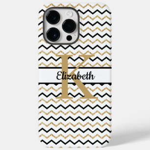 Monogramm Name Anfangsbuchstabe Schwarz Gold Chevr Case-Mate iPhone 14 Pro Max Hülle