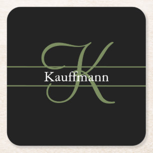 Monogramm Name Anfangsbuchstabe Skript Schwarz Grü Rechteckiger Pappuntersetzer