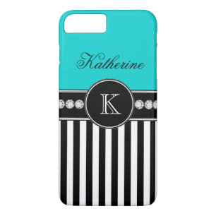 Monogramm Name Aqua Schwarz Streifen Muster Case-Mate iPhone Hülle