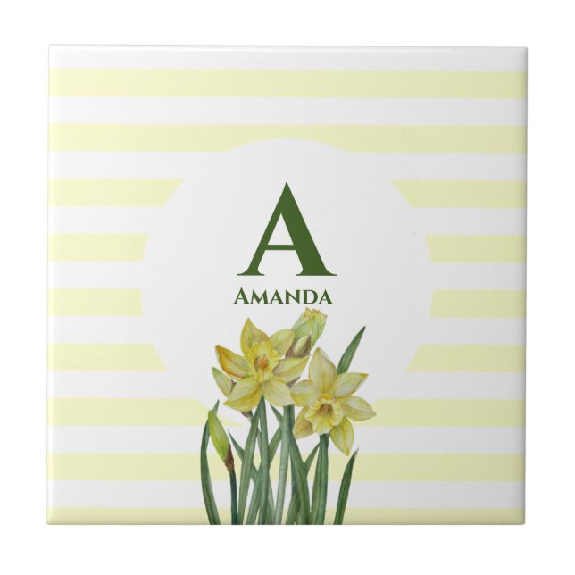 Monogramm Name Aquarellfarbe Gelbe Daffodien Strei Fliese (Vorderseite)