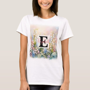 Monogramm-Name auf Aquarell-Blumen in Pastellfarbe T-Shirt