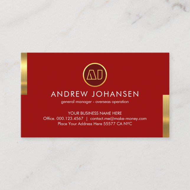 Monogramm-Name auf auffälligen roten Gold-Tabs Visitenkarte (Vorderseite)