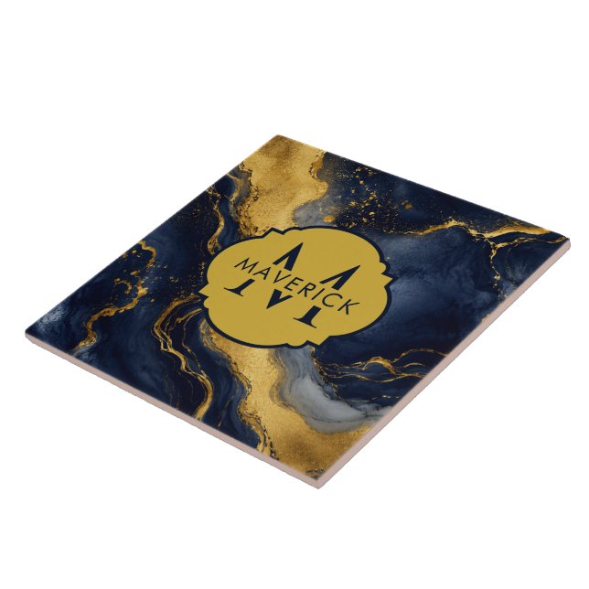 Monogramm-Name auf NavyGold-Abstract Marble FluidA Fliese (Seite)