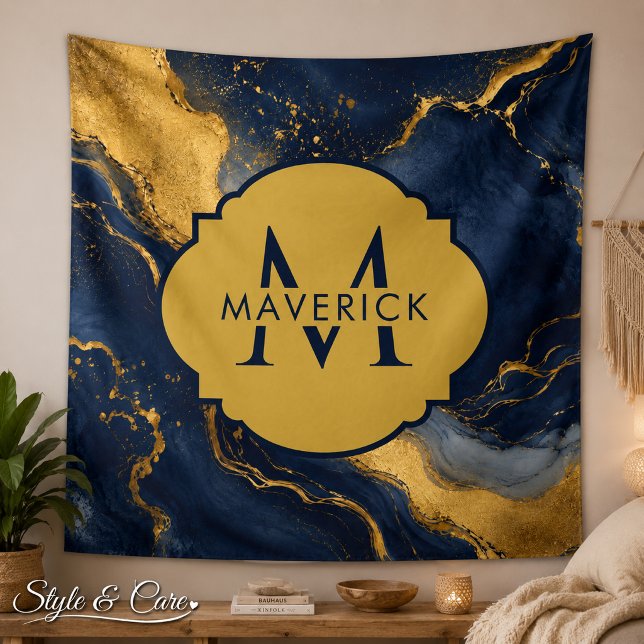 Monogramm-Name auf NavyGold-Abstract Marble FluidA Wandteppich (Monogram Name on NavyGold Abstract Marble FluidArt Tapestry)