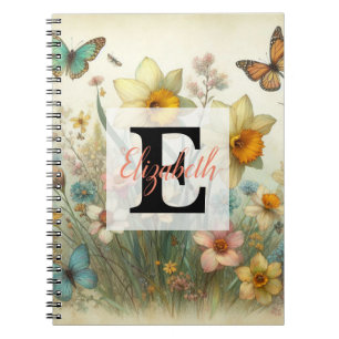 Monogramm-Name auf vintage-Aquarellblumen  Notizblock