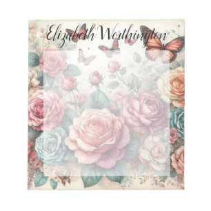 Monogramm-Name auf Vintage-Wasserfarbenblumen  Notizblock