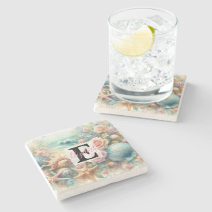 Monogramm-Name auf Wasserfarbe Blumen Meer Muschel Steinuntersetzer
