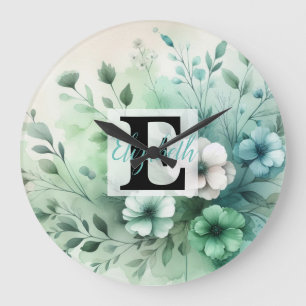 Monogramm-Name auf Wasserfarben-Blumen in Pastellf Große Wanduhr