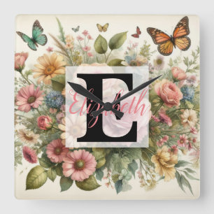 Monogramm-Name auf Wasserfarben-Blumen in Pastellf Quadratische Wanduhr