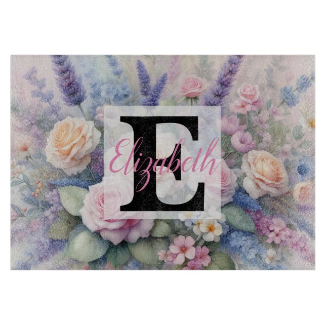 Monogramm-Name auf Wasserfarben-Blumen in Pastellf Schneidebrett (Vorderseite)
