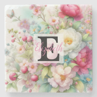 Monogramm-Name auf Wasserfarben-Blumen in Pastellf Steinuntersetzer
