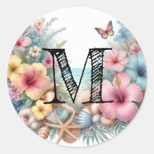 Monogramm-Name auf Wasserfarben-Blumen Meer Musche Runder Aufkleber