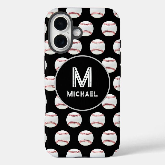 Monogramm Name Baseball Nahtloses Muster Schwarz Case-Mate iPhone Hülle (Rückseite)
