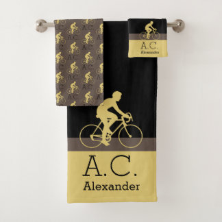 Monogramm Name Bicycle Gold Black Gray | Beige Badhandtuch Set