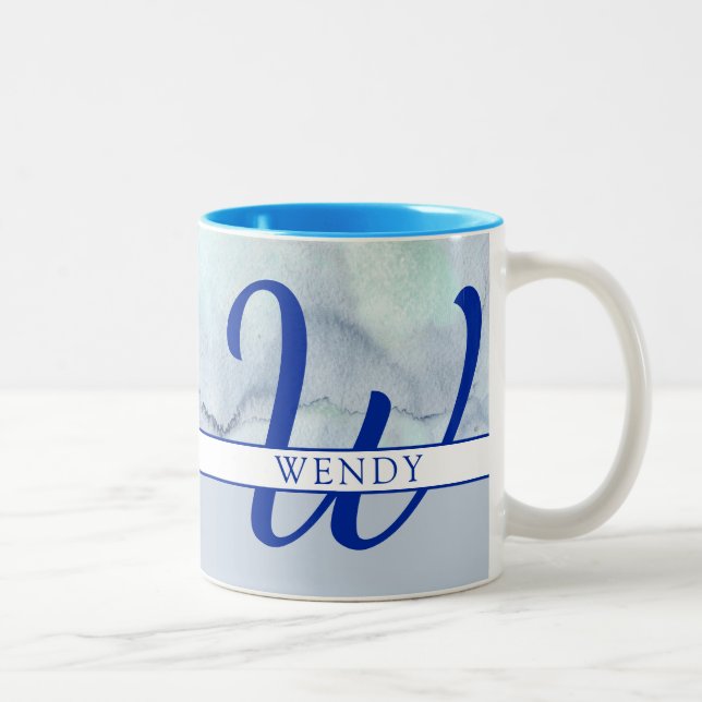 Monogramm Name Blau Farbe Zweifarbige Tasse (Rechts)