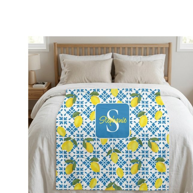 Monogramm Name Blau Französisch Fliese Zitrone Mus Fleecedecke (Von Creator hochgeladen)