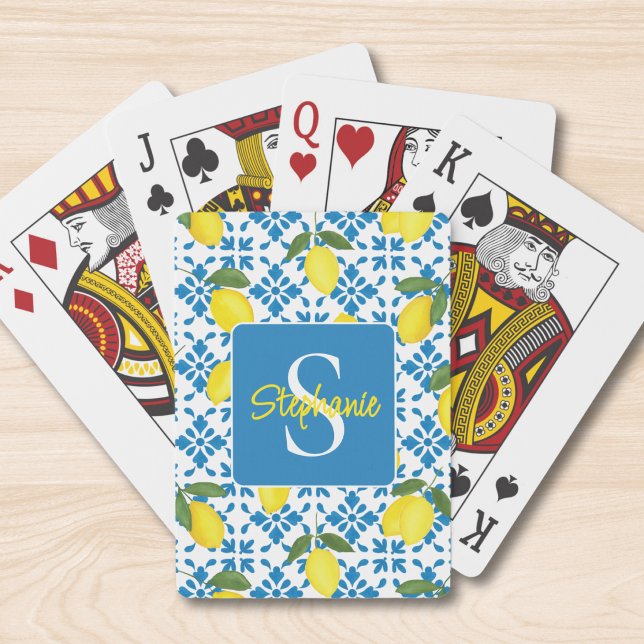 Monogramm Name Blau Französisch Fliese Zitrone Mus Spielkarten (Von Creator hochgeladen)