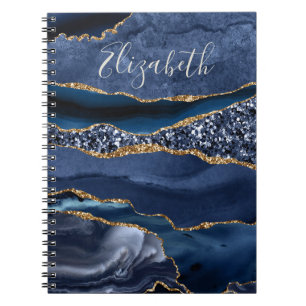 Monogramm Name Blau Gold Glitzer Achat-Marmor Notizblock