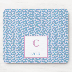 Monogramm Name Blau Herz- und Weißpunktmuster Mousepad