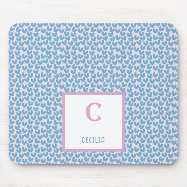 Monogramm Name Blau Herz- und Weißpunktmuster Mousepad (Vorne)