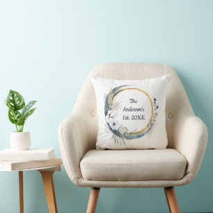 Monogramm-Name Blau Weiß Gold Floral Elegant Kissen