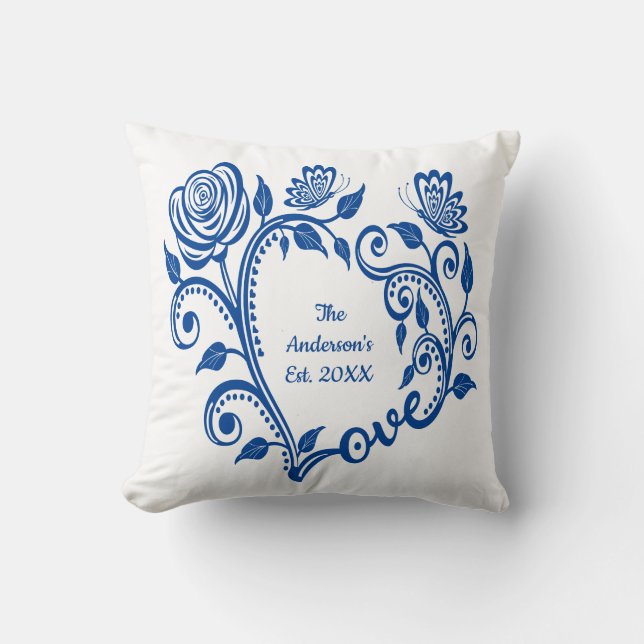 Monogramm Name Blue Butterfells Blume Liebe Herz Kissen (Vorderseite)