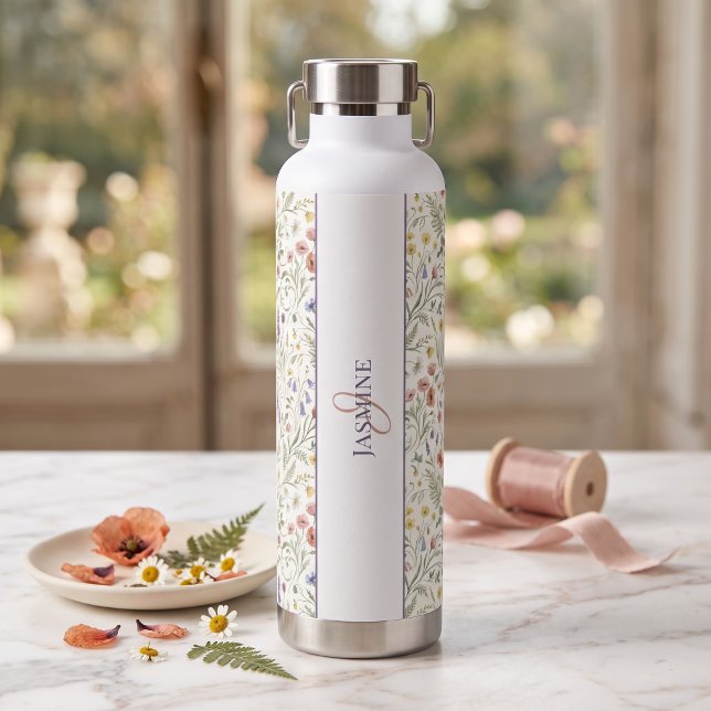 Monogramm Name Blumen Wildblume Boho Lavendel Chic Trinkflasche (Von Creator hochgeladen)