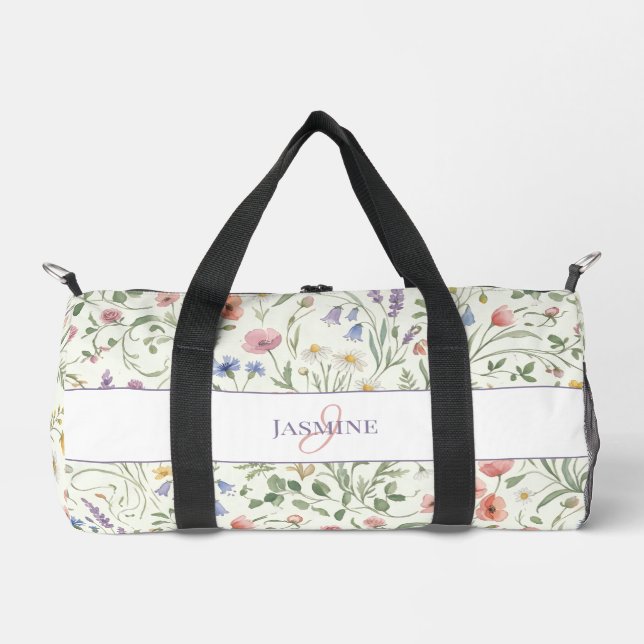 Monogramm-Name Blumen-Wildblumen-Muster Fitnessstu Duffle Bag (Vorderseite)