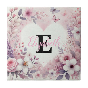 Monogramm-Name Blumenherzen romantische Wasserfarb Fliese