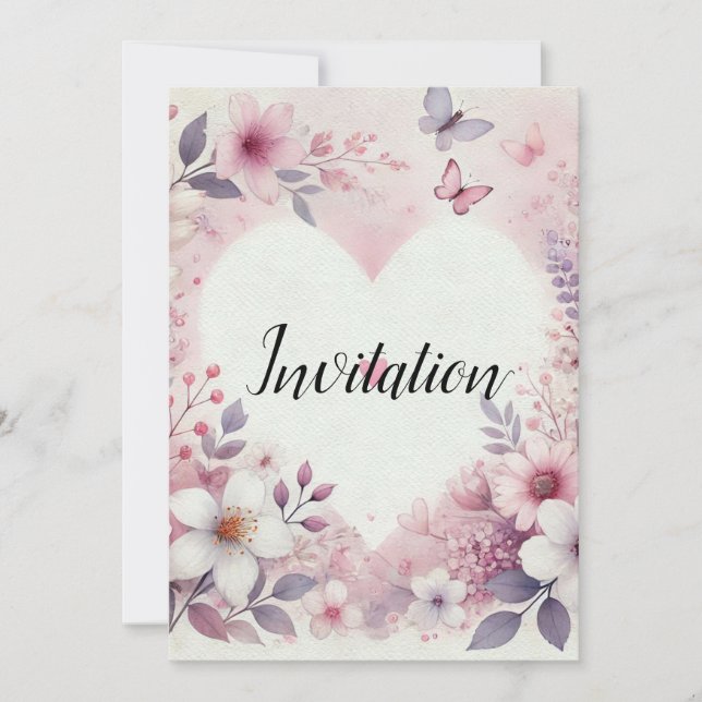 Monogramm-Name Blumenherzen romantisches Aquarell  Einladung (Vorderseite)