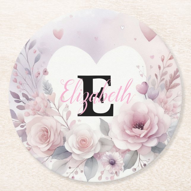Monogramm-Name Blumenherzen romantisches Aquarell  Runder Pappuntersetzer (Vorderseite)