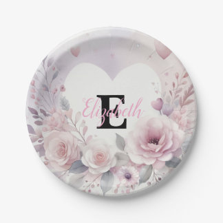 Monogramm-Name Blumenherzen romantisches Wasserfar Pappteller