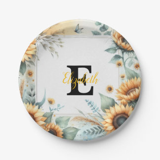 Monogramm Name Blumensonnenblume pastellfarben Pappteller