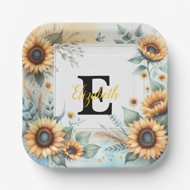 Monogramm Name Blumensonnenblume pastellfarben Pappteller (Vorderseite)