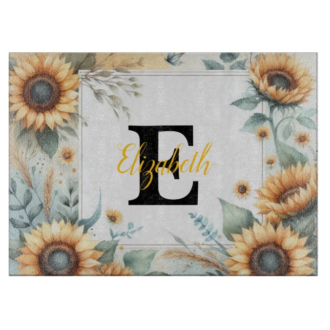 Monogramm Name Blumensonnenblume pastellfarben Schneidebrett (Vorderseite)