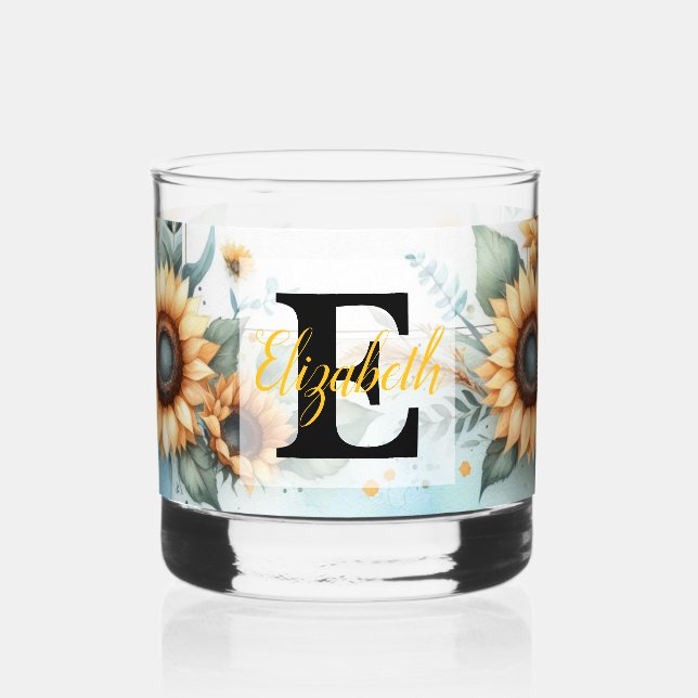 Monogramm Name Blumensonnenblume pastellfarben Whiskyglas (Vorderseite)