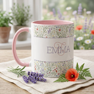 Monogramm Name Boho Lavendel Wildblumen Muster Tasse