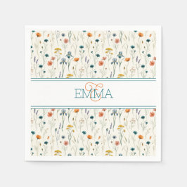 Monogramm Name Boho Wildblumen Muster Orange Teal Serviette
