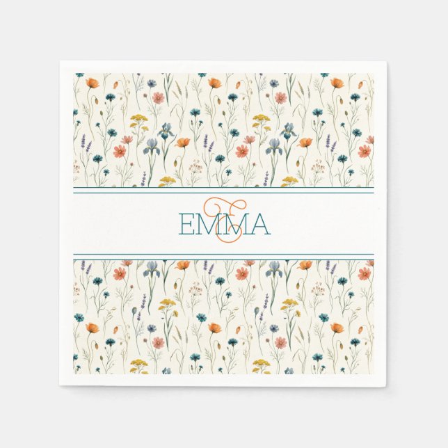 Monogramm Name Boho Wildblumen Muster Orange Teal Serviette (Vorderseite)