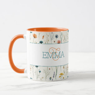 Monogramm Name Boho Wildblumen Muster Orange Teal Tasse