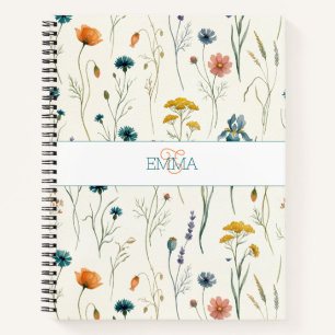 Monogramm Name Boho Wildblumen Muster Orange Türki Notizbuch