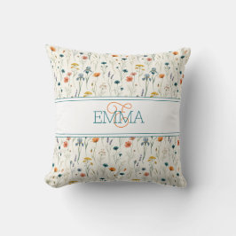 Monogramm Name Boho Wildflower-Muster Orange Teal Kissen