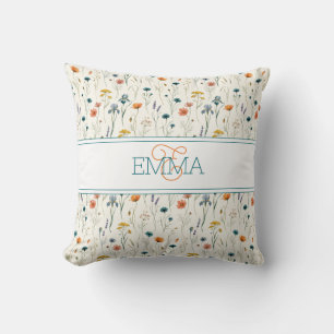 Monogramm Name Boho Wildflower-Muster Orange Teal Kissen