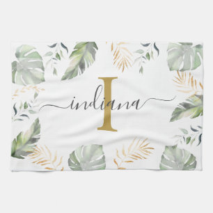 Monogramm Name Botanische Palmen Blätter Grün Gold Geschirrtuch