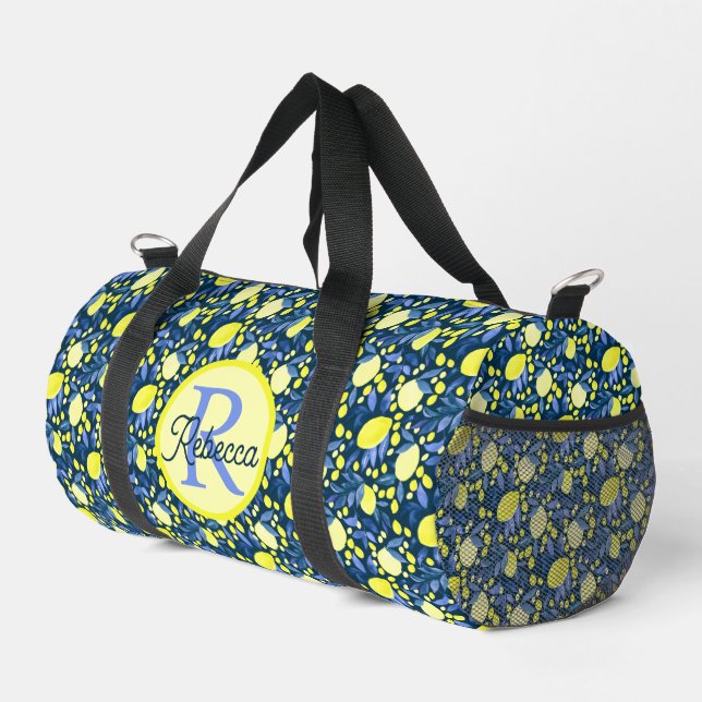 Monogramm Name Chic Mediterrane Zitrone Blaues Bla Duffle Bag (Rechte Ecke)