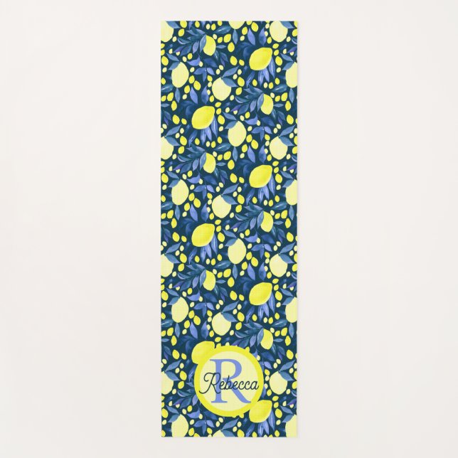 Monogramm Name Chic Mediterrane Zitrone Blaues Bla Yogamatte (Vorderseite)