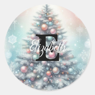 Monogramm-Name-Christbaum-Blumen-Wasserfarbe Runder Aufkleber