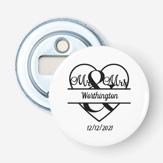 Monogramm Name Datum Herz Hochzeit  Flaschenöffner (Vorderseite)